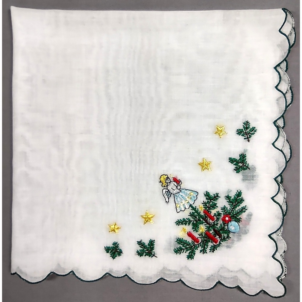 Vtg Christmas Hankie 13x13.5" Embroidered Angel Tree Stars Scalloped Edge